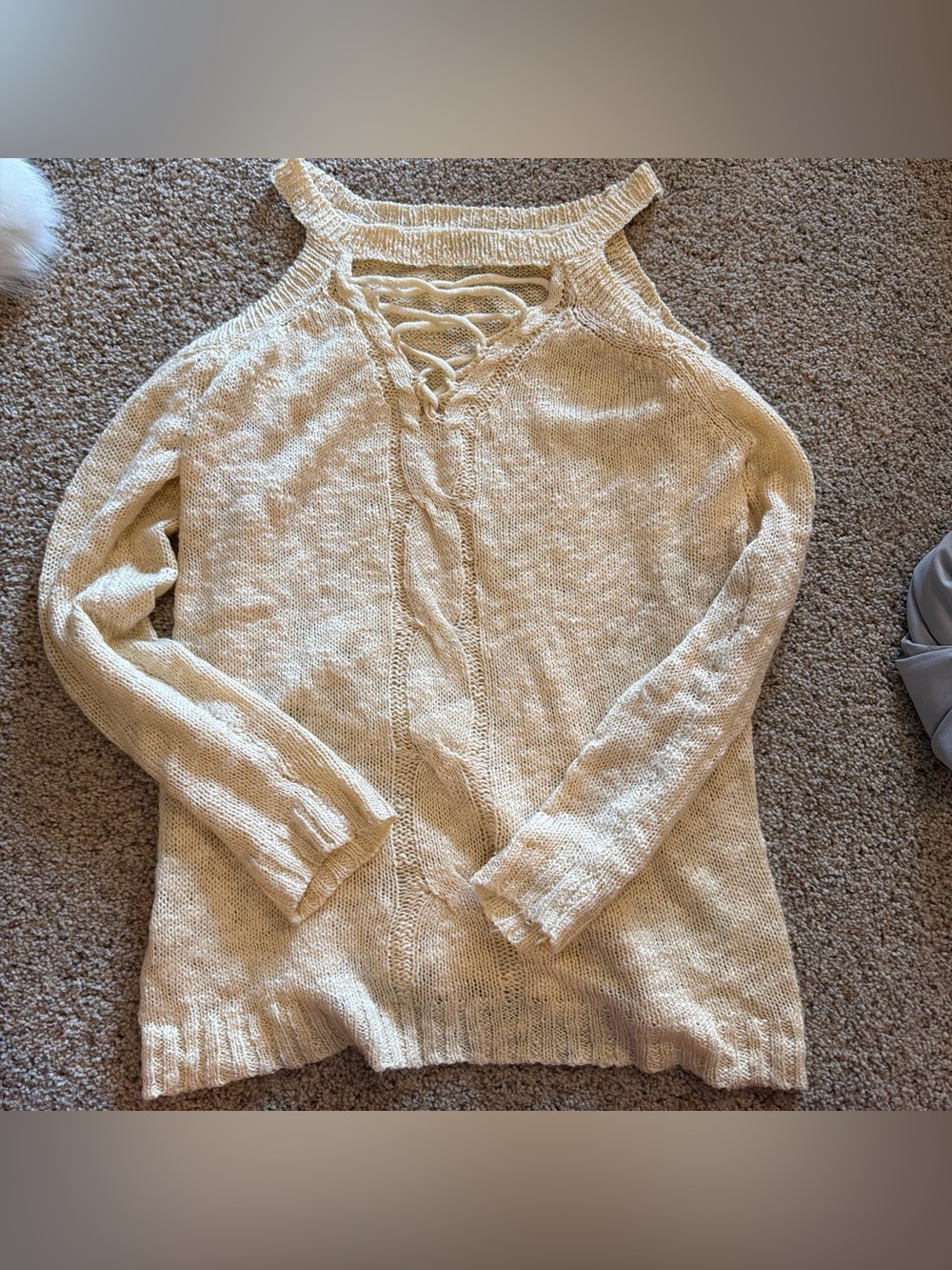 She + Sky Cream Off-Shoulder Lace-Up Knit Sweater